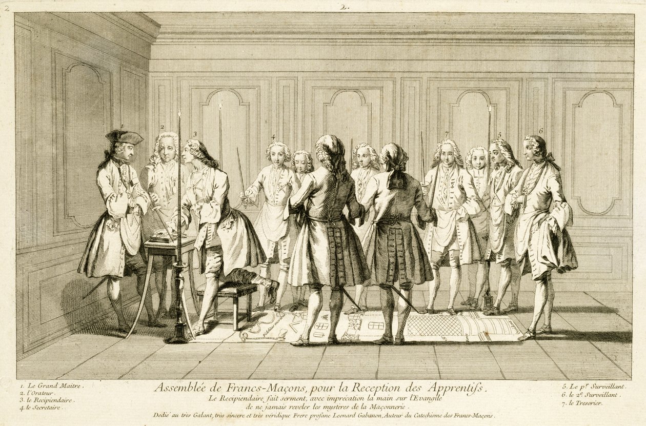 Assemblée de Francs-Maçons pour initier un apprenti, tiré de Les Cérémonies de la Religion et de la Coutume, c.1733 - French School