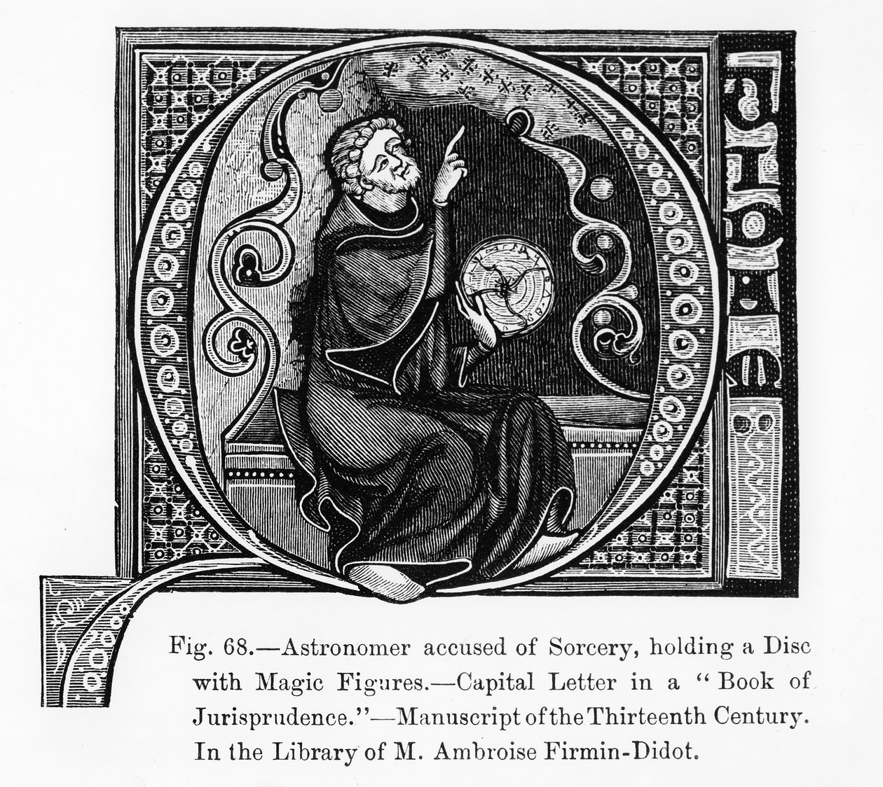 Astronome accusé de sorcellerie, tenant un disque avec des figures magiques, du Livre de Jurisprudence, illustration de Science et Littérature au Moyen Âge et à la Renaissance - French School