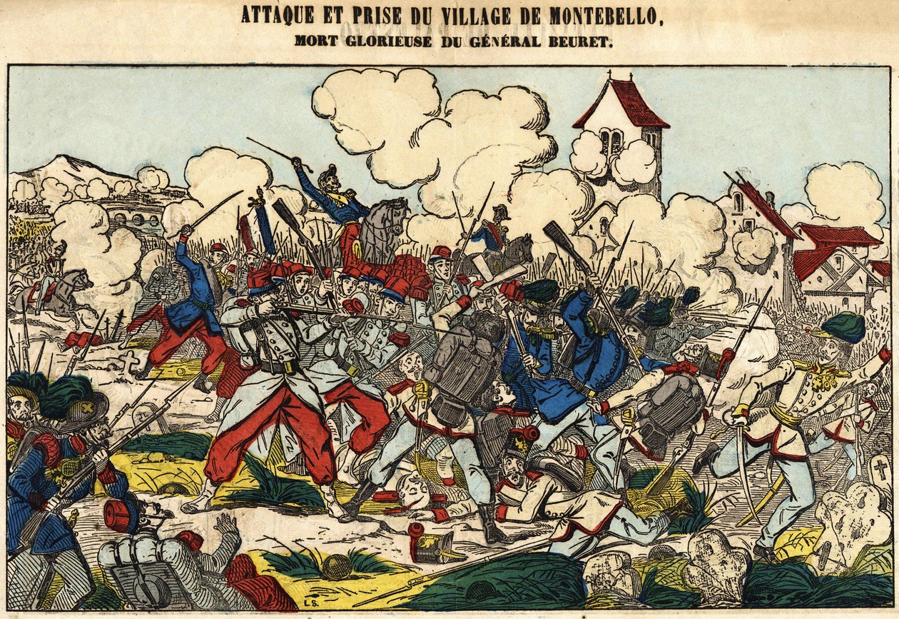 Attaque et capture du village de Montebello, la mort glorieuse du général Beuret en 1859. Image d