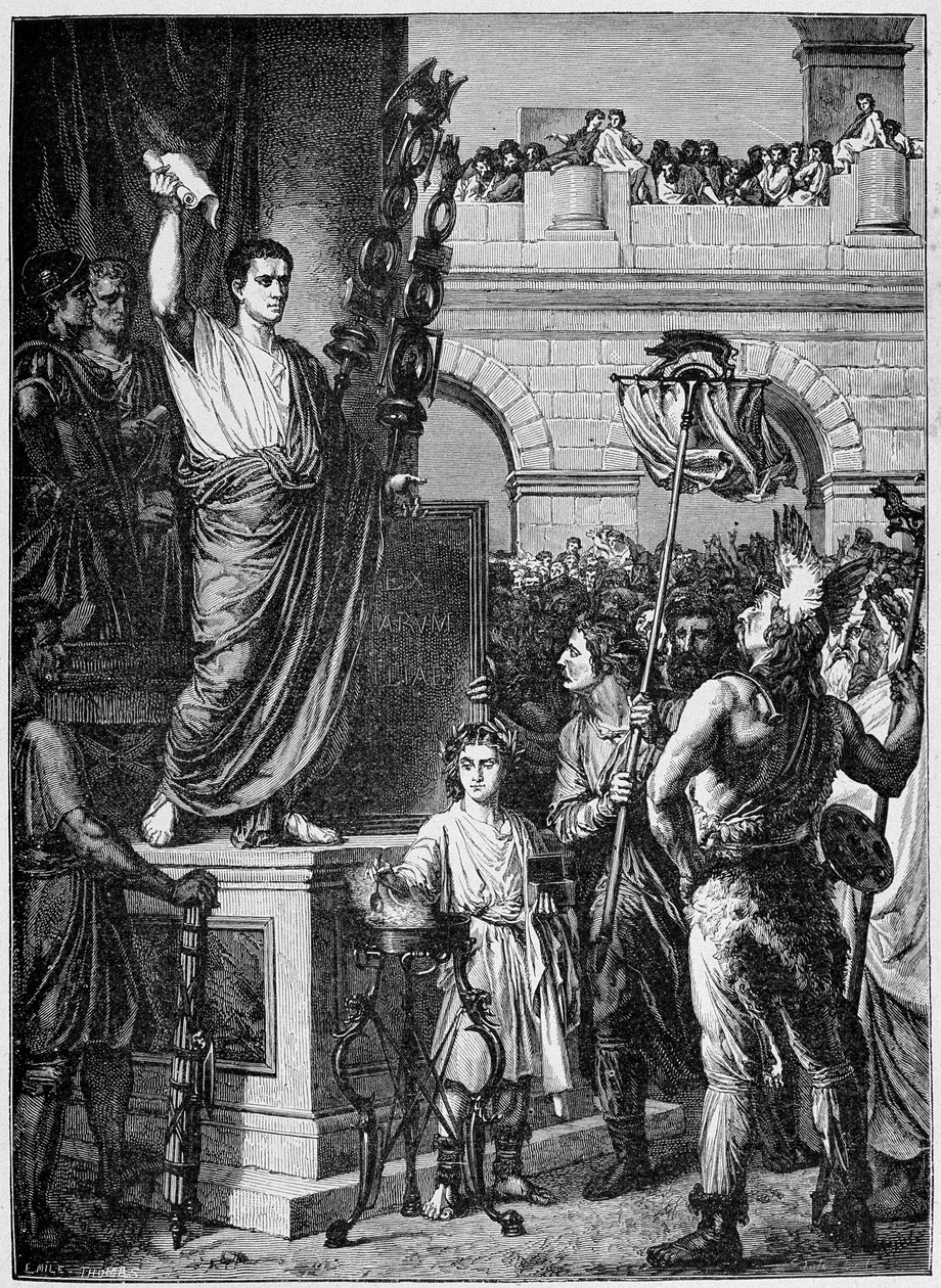 Auguste (Octavien ou Octavian) (63 av. J.-C. - 14 ap. J.-C.) présente la constitution aux députés des trois provinces de la Gaule celtique réunis à Lyon (an 10 ap. J.-C.) - dans "La France et les Français à travers les siècles" - French School