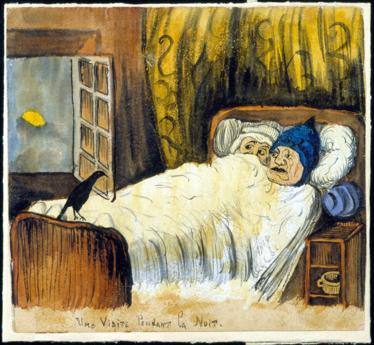Mauvais présage : une visite nocturne (un couple regardant un corbeau) - French School