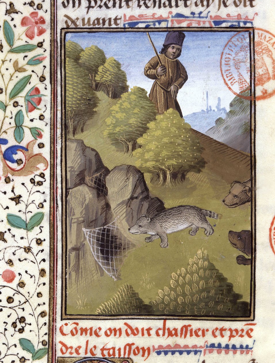 Chasse au blaireau - dans "Livre de chasse de Gaston Phoebus, Comte de Foix, Seigneur de Béarn" - French School
