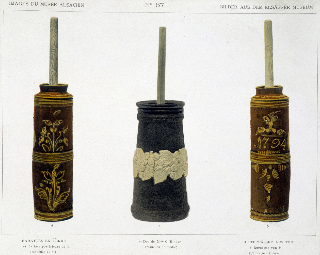Barattes (pour la fabrication du beurre) en terre cuite travaillée conservées au Musée Alsacien, v.1800 - French School