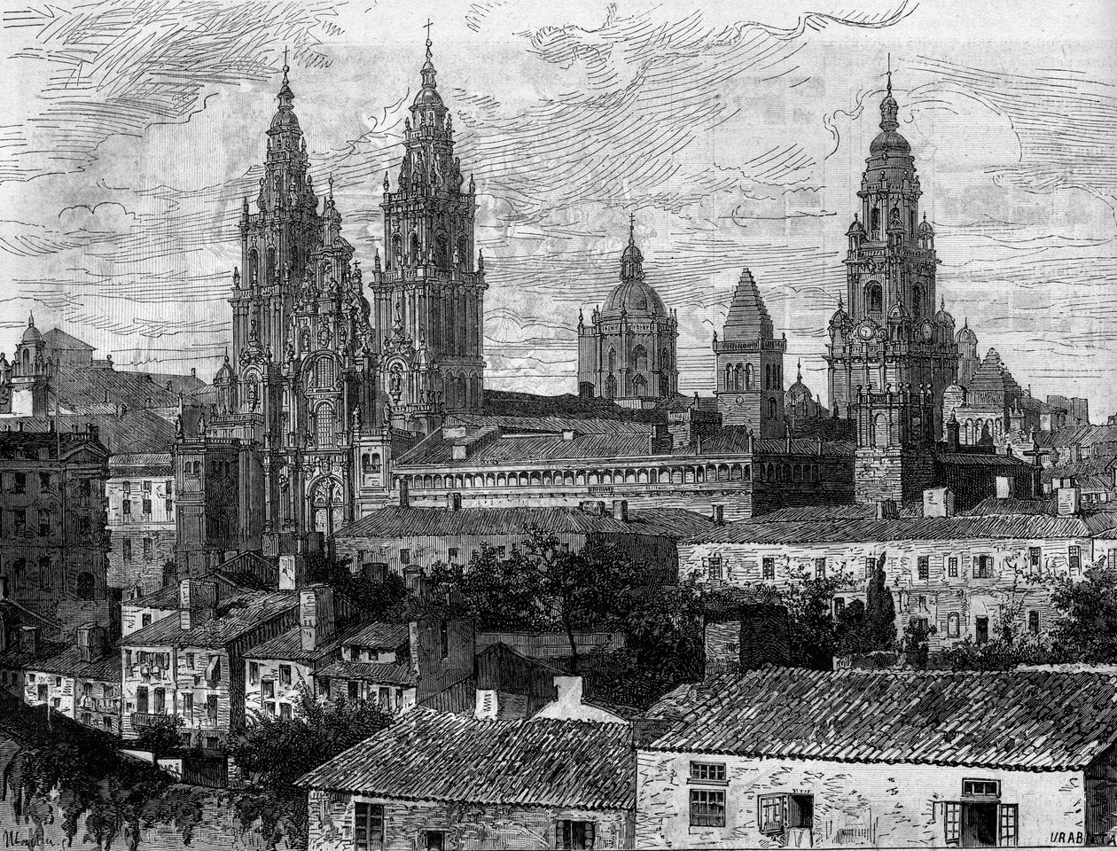 Art baroque : vue de la cathédrale de Saint-Jacques-de-Compostelle. Espagne. Gravure dans « Le Monde Illustré » n°1220 du 14 août 1880 - French School