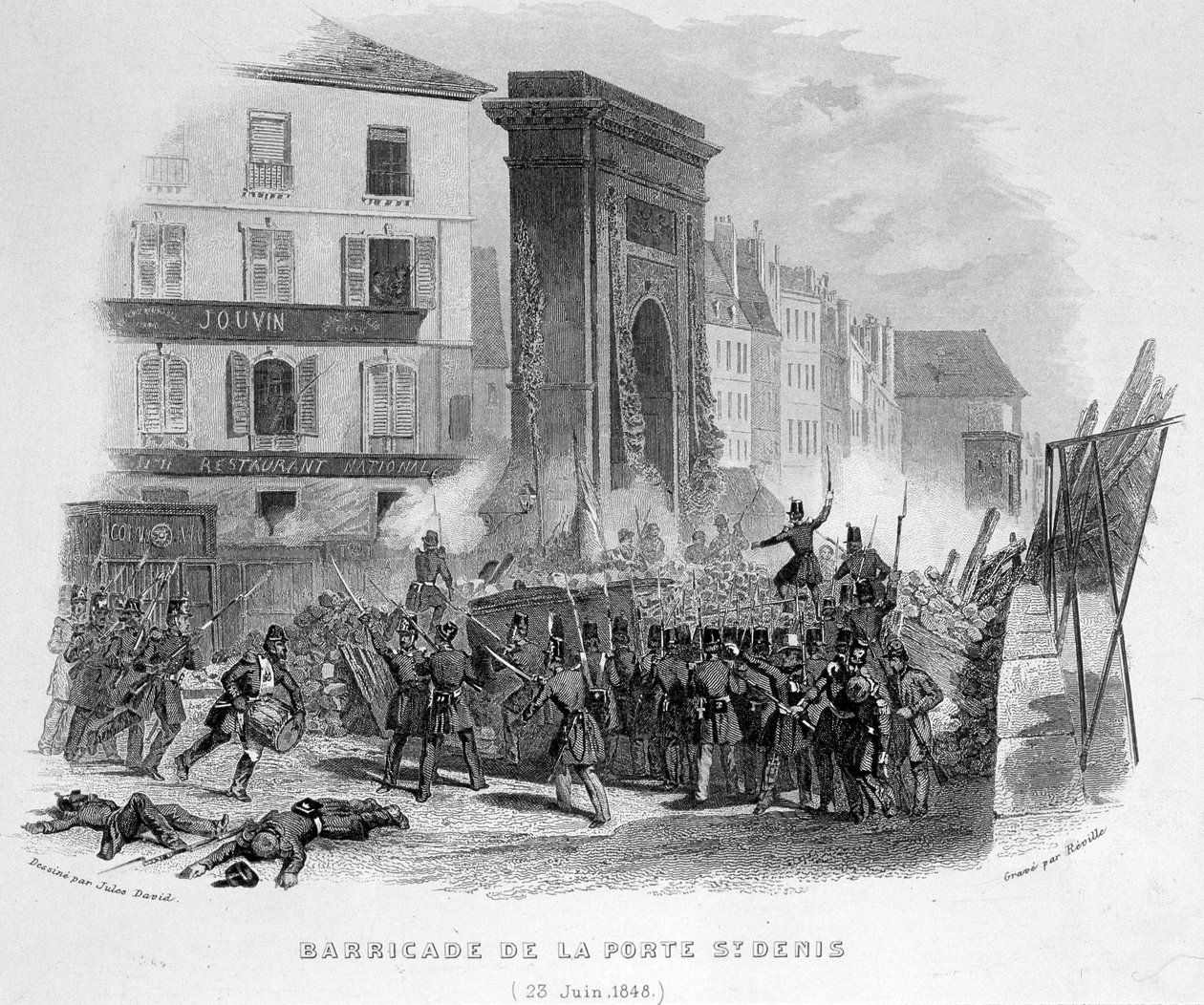 Barricade de la Porte Saint Denis (23 juin 1848) - dans "Fastes des Gardes nationales de France" - French School
