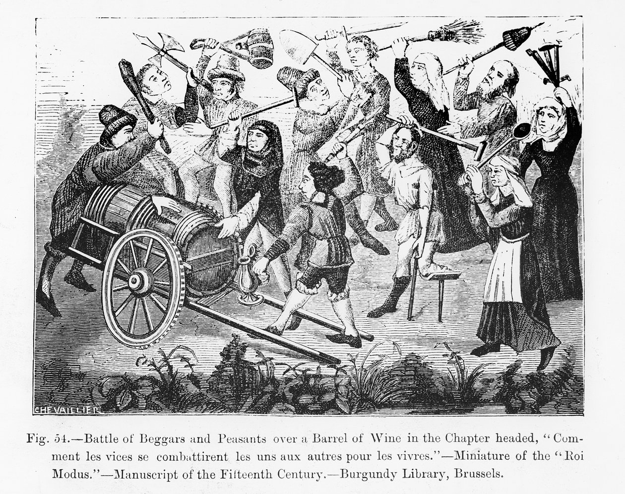 Bataille de mendiants et de paysans pour un tonneau de vin, du Livre du Roi Modus, illustration de Science et Littérature au Moyen Âge et à la Renaissance, écrit et gravé par Paul Lacroix - French School