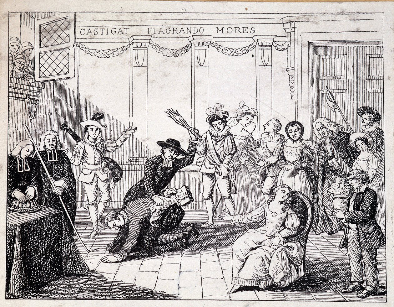 Beaumarchais fouettant à Saint Lazare - scène de fustigation par Beaumarchais, tenant en main la brochure de la Folle journée - d