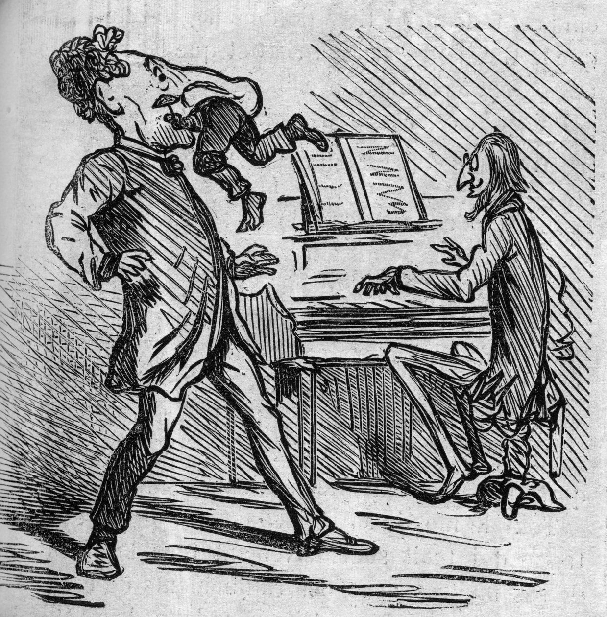 Avant de chanter la musique de M. Offenbach, le ténor Hyacinthe se fait taper pour soulager ses notes aiguës. Le compositeur français naturalisé allemand Jacques Offenbach (1819-1880) jouant du piano et Louis Hyacinthe Duflost, dit Hyacinthe - French School