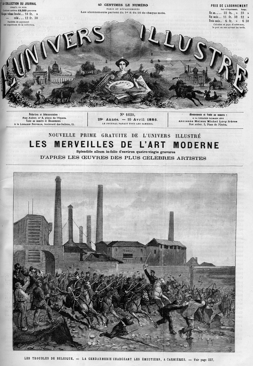 Grève des ouvriers belges : la police charge les cavaliers à Carnieres. Un journal. Gravure dans "Le Monde Illustré" - French School