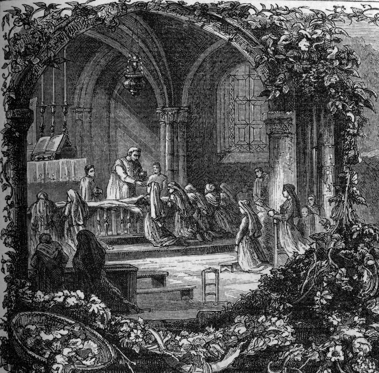 Bernadette Soubirous (1844-1879) lors de sa première communion. 19e siècle (après 1858). Gravure dans "Notre Dame de Lourdes" par Henri Lasserre - French School