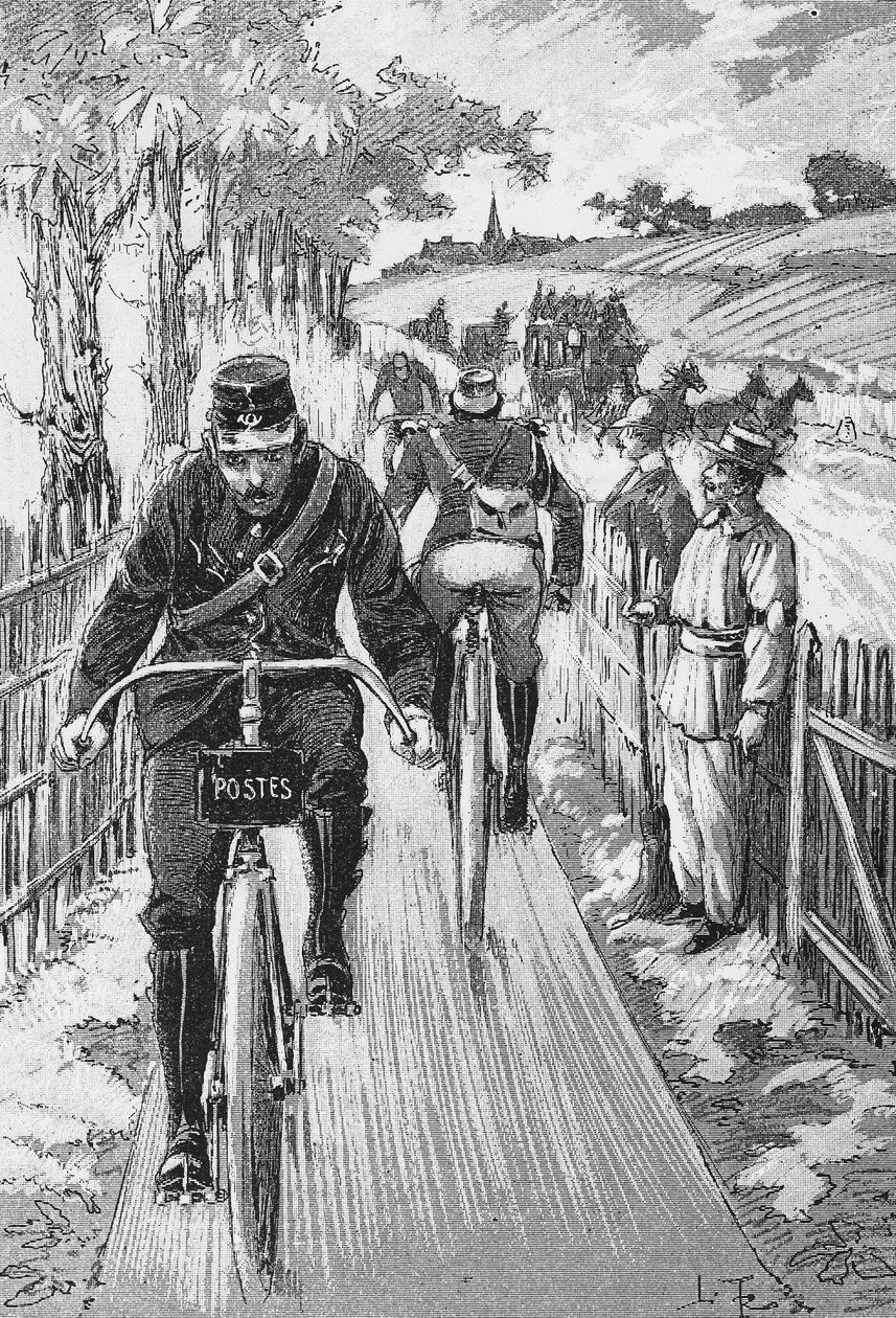 Piste cyclable pour facteurs : projet de piste Swift par M. Berruyer - dans « Théorique et Pratique du Cyclisme » de L. Baudry de Saunier, gravure, Bibl. de la ville de Paris - French School
