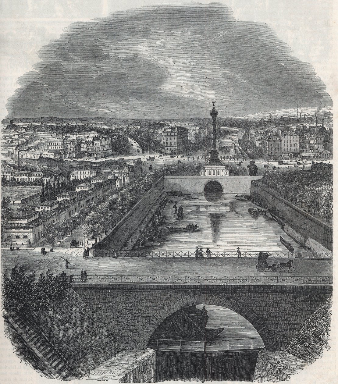 Vue aérienne du Canal Saint-Martin, de la Place et du quartier de la Bastille, prise de la rive droite de la Seine - Gravure dans « Tableau-de-Paris » par Edmond Texier 1852 - French School