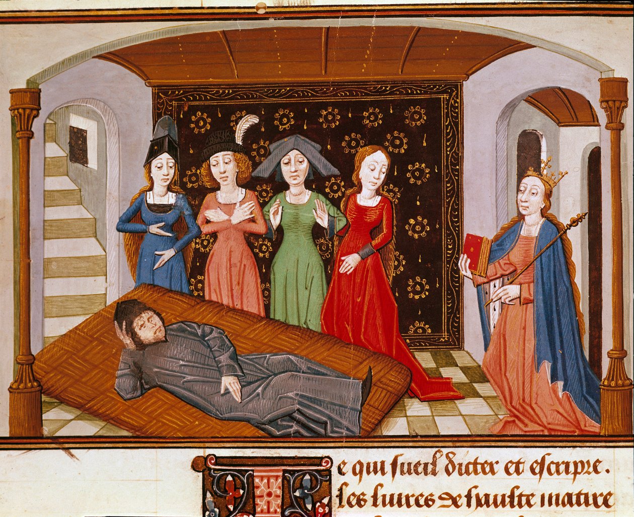 Boece (Boezio) entouré de la Philosophie et des Muses. Miniature tirée de « De Consolatione Philosophiae » (Consolation de la Philosophie) de Boece (ou Anicius Manlius Torquatus Severinus Boetius ou Boethius) traduit par Jean de Meung (1240-1305). Rouen. B - French School