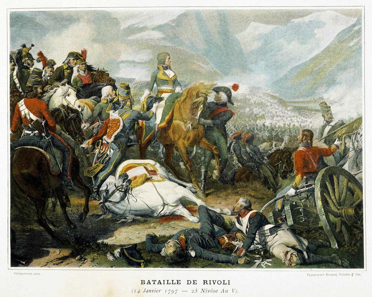 Bonaparte (centre), après sa victoire sur les Autrichiens à la bataille de Rivoli (Italie) le 14 janvier - French School
