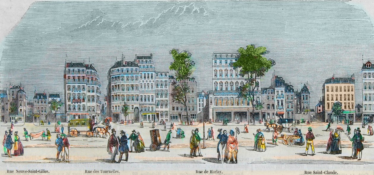 Boulevard Beaumarchais côté sud - rue Neuve-Saint-Gilles - Rue des Tournelles - Rue de Harlay - Rue Saint-Claude - Gravure dans « Tableau de Paris » par Edmond Texier 1852 - French School