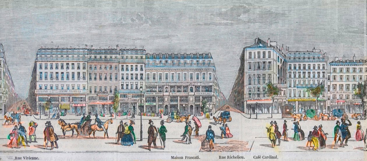 Boulevard Montmartre côté sud et boulevard des Italiens côté sud - Rue Vivienne - Maison Frascati - Rue Richelieu - Café Cardinal - Gravure dans « Tableau-de-Paris » par Edmond Texier 1852 - French School