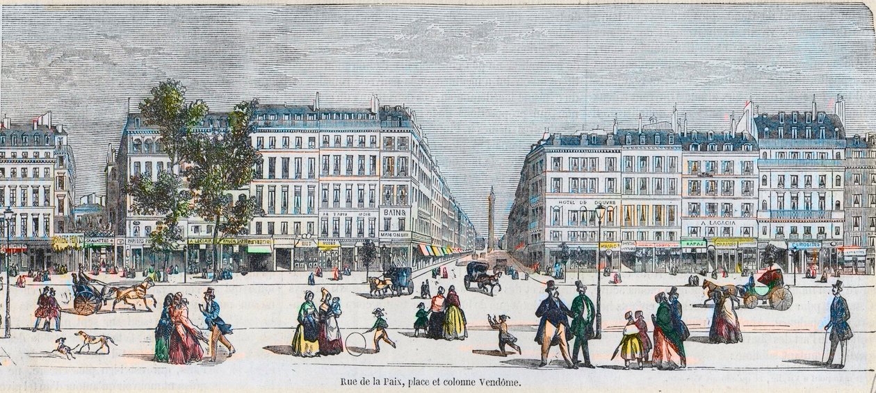 Boulevard des Capucines (côté sud) - Rue de la Paix, place et colonne Vendôme - Gravure dans « Tableau-de-Paris » par Edmond Texier 1852 - French School
