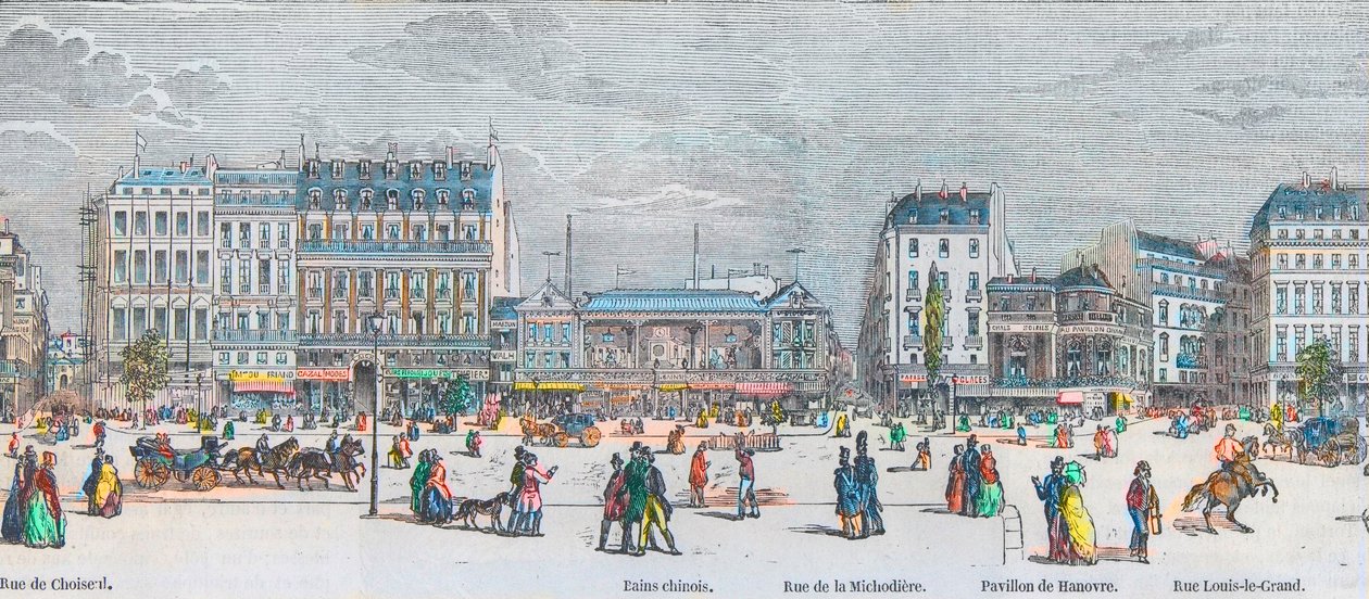 Boulevard des Italiens côté sud et Boulevard des Capucines côté sud - rue de Choiseul - Bains chinois - rue de la Michodière - Pavillon de Hanovre - rue Louis-le-Grand - Gravure dans « Tableau-de-Paris » par Edmond Texier 1852 - French School