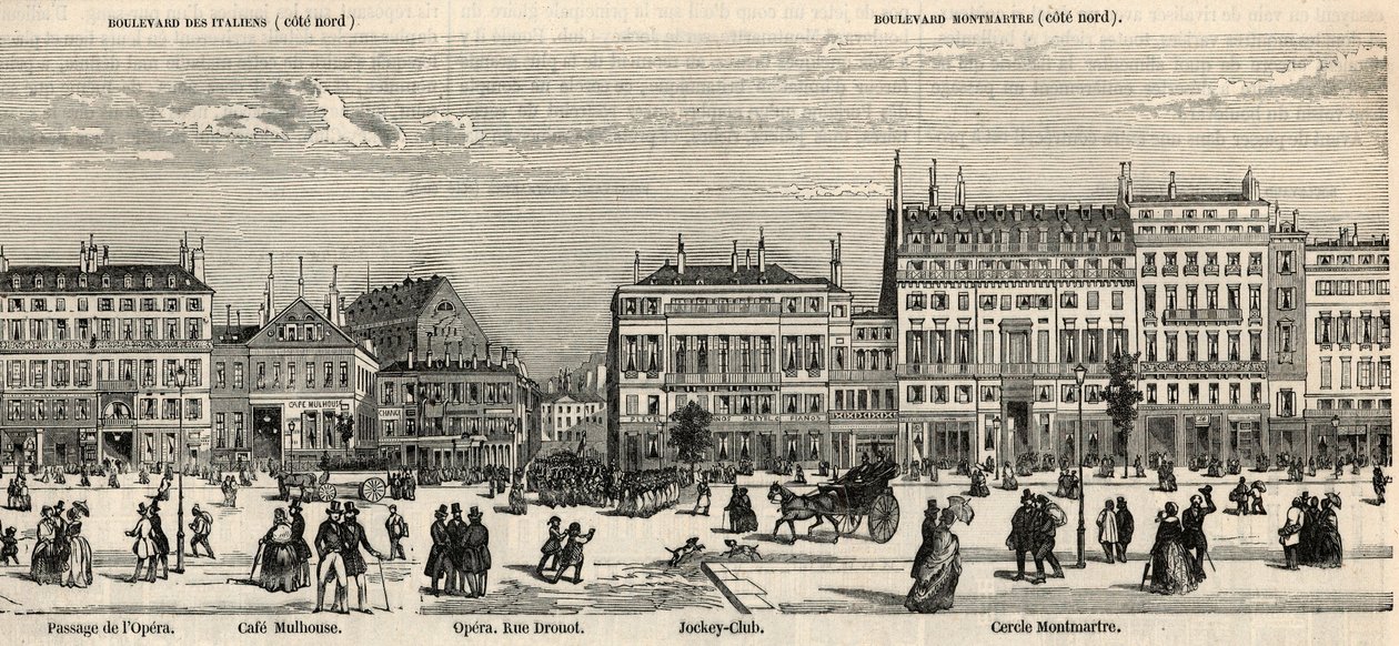 Boulevard des Italiens et boulevard Montmartre - Café Mulhouse - Cercle Montmartre - Jockey club - Gravure dans "Tableau de Paris" par Edmond Texier 1852 - French School