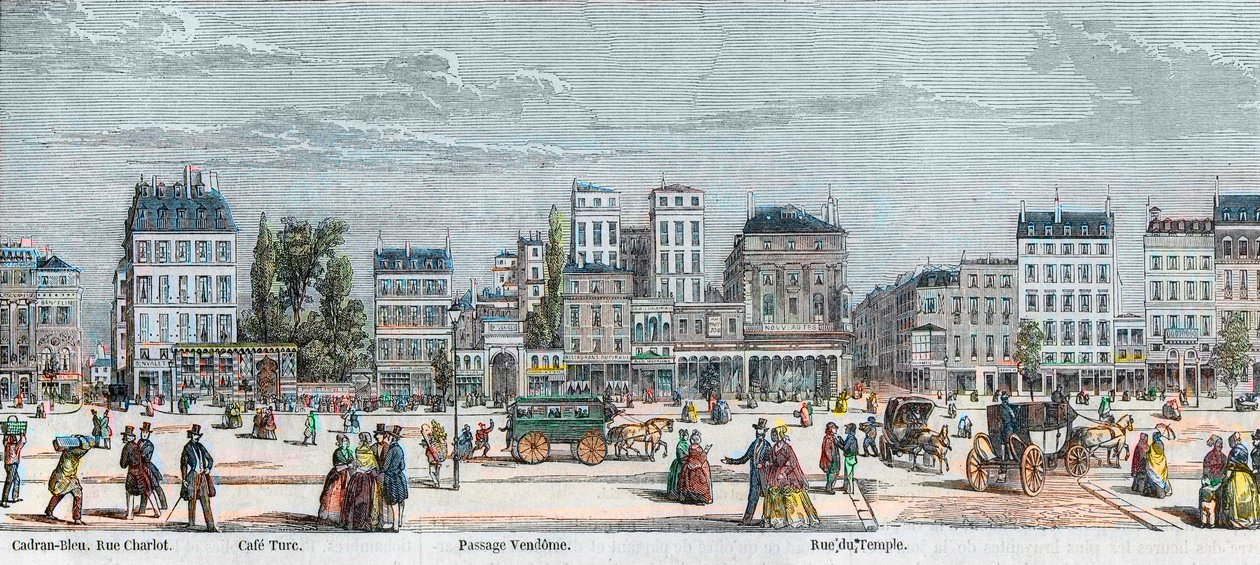 Boulevard du Temple côté sud - Rue Charlot - Café Turk - Passage Vendôme - Rue du Temple - Gravure dans « Tableau-de-Paris » par Edmond Texier 1852 - French School