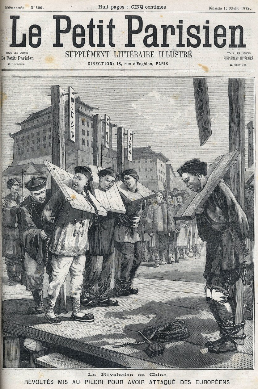 Révolte des Boxers en Chine en 1898 : Révoltés mis au pilori pour avoir attaqué des Européens. Couverture de "Le petit Parisien" de 1898. - French School
