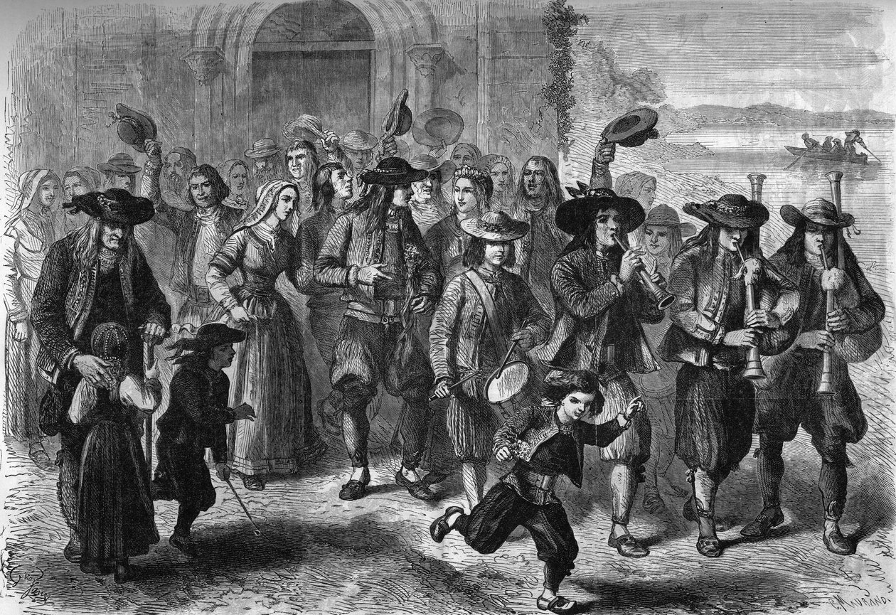 Coutume bretonne : couple de jeunes mariés à la sortie de l