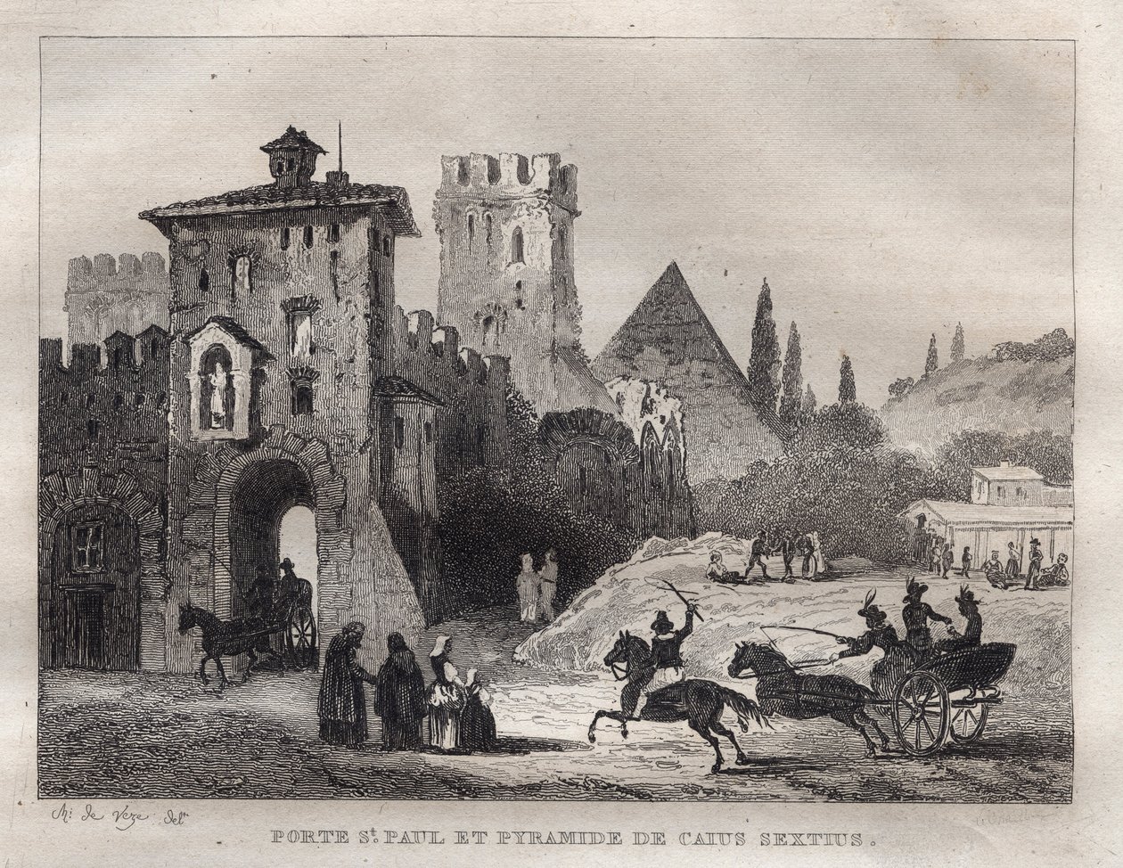 Pyramide de Caius Cestius et Porte Saint-Paul à Rome - Gravure de « L