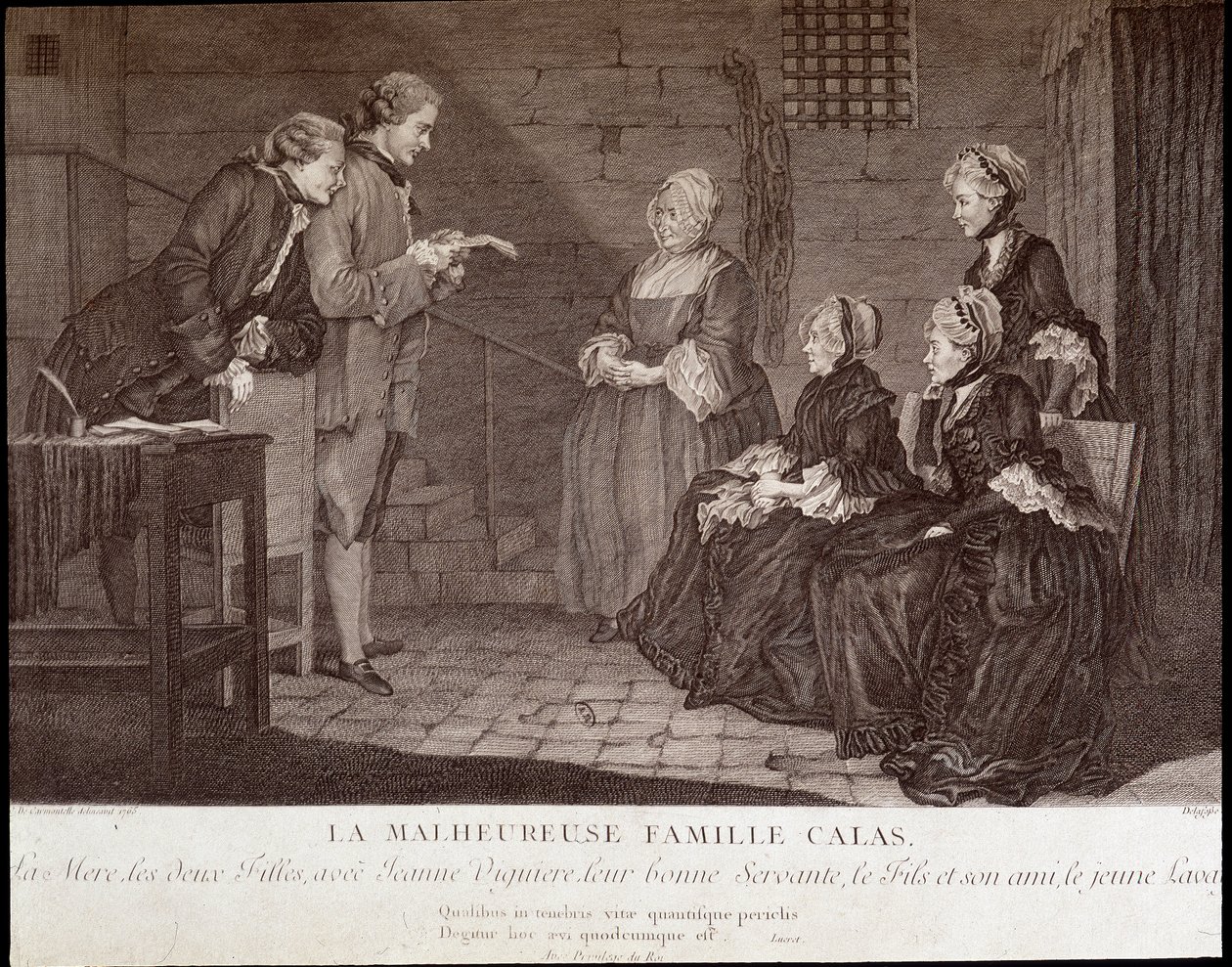 Affaire Calas : La malheureuse famille de Jean Calas (mort en 1762) : la mère, les deux filles, avec Jeanne Viguière, leur bonne servante, le fils et son ami, v.1762 - French School