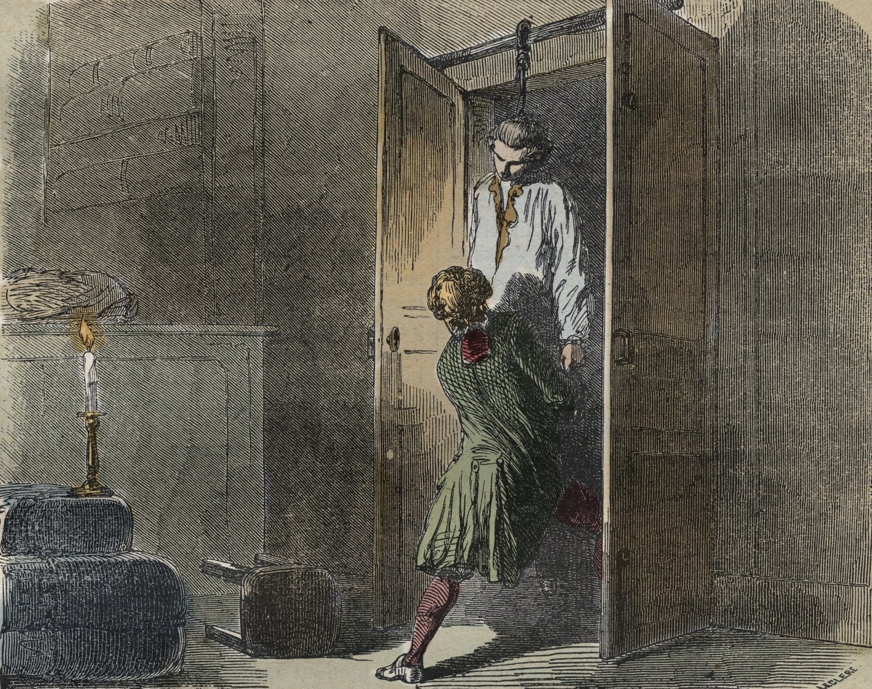 Affaire Calas : le 13 octobre 1761, Marc Antoine Calas est trouvé pendu dans la boutique familiale à Toulouse - Gravure dans « Causes célèbres de tous les peuples » par Armand Fouquier (1817-18?) 1858-1867 - collection privée - French School