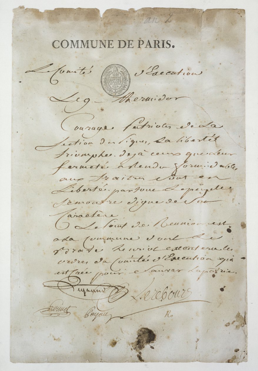 Appel de Maximilien de Robespierre à rejoindre la Commune, 9 Thermidor An 2 (27 juillet 1794) - French School