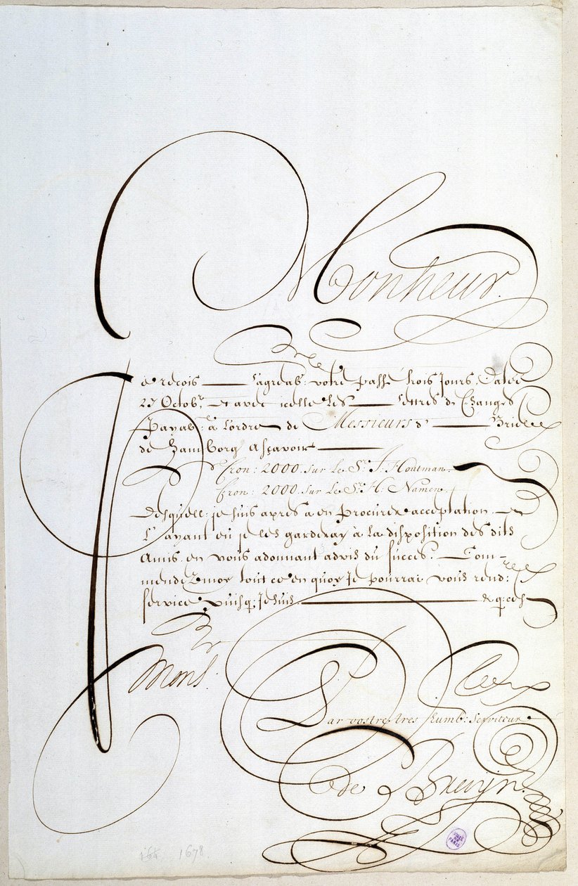 Calligraphie : Lettre de comptes calligraphiée vers 1678 par François de Bruyn. - French School