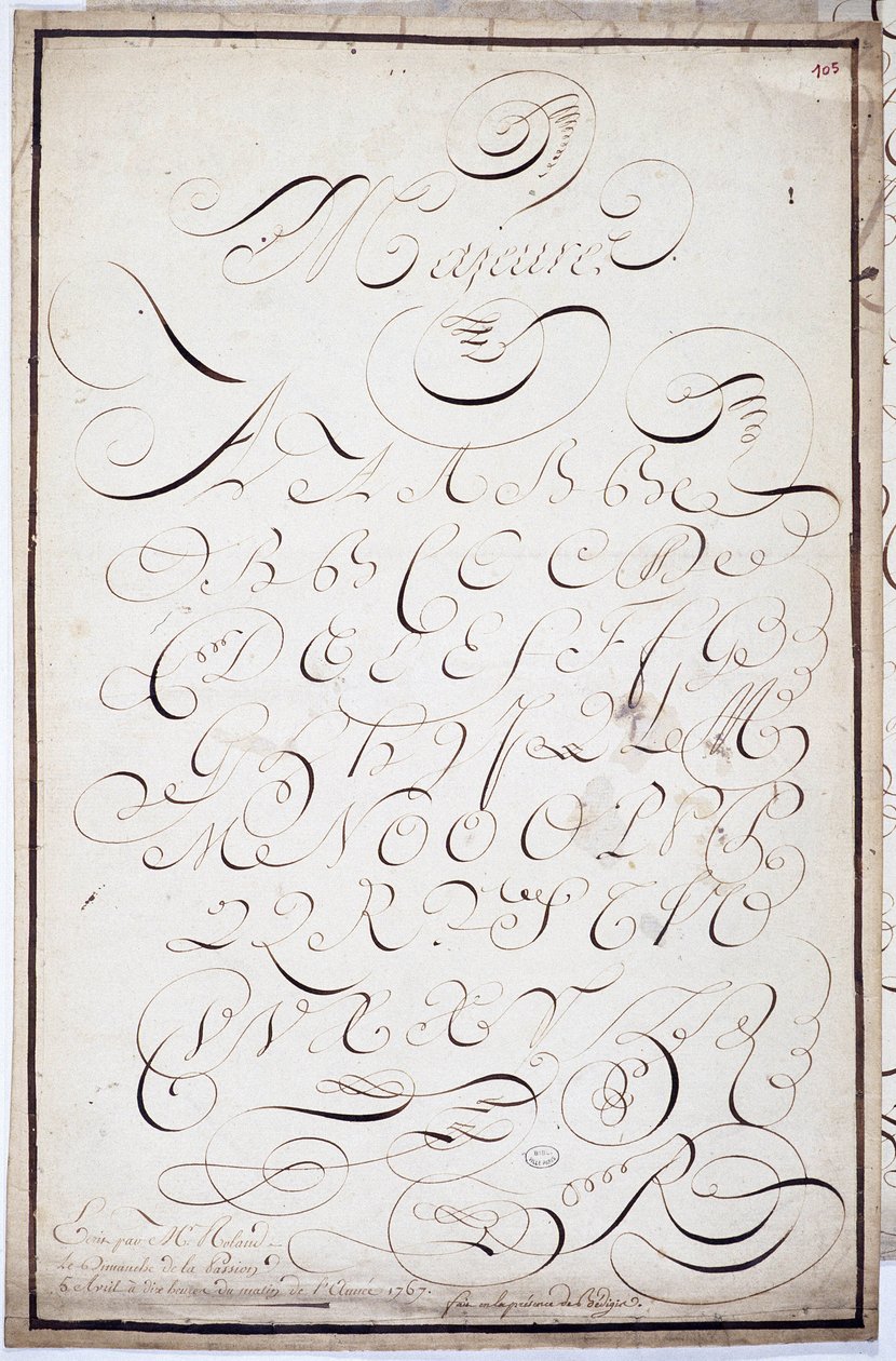 Calligraphie : Planche de lettres capitales dites majeures bâtardes, calligraphiées le 5 avril - French School