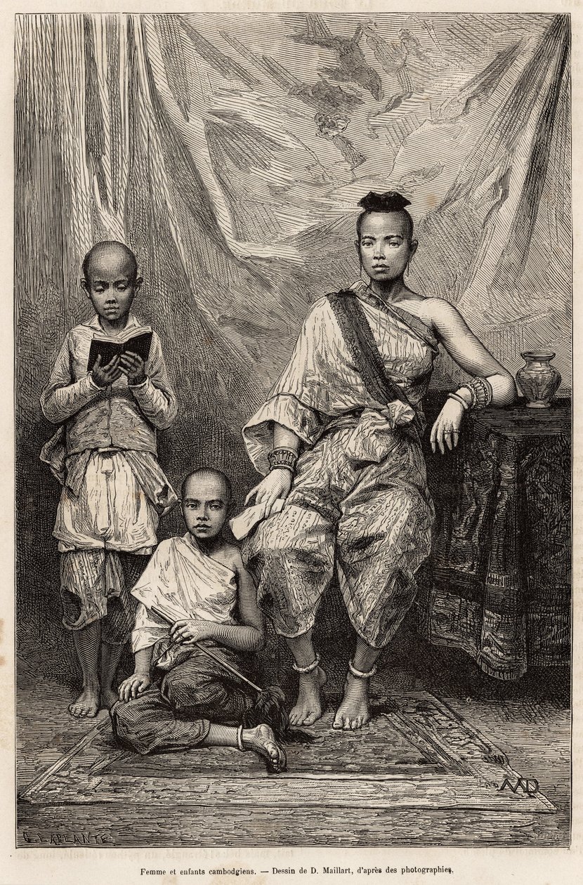 Femme cambodgienne et enfants, gravure d