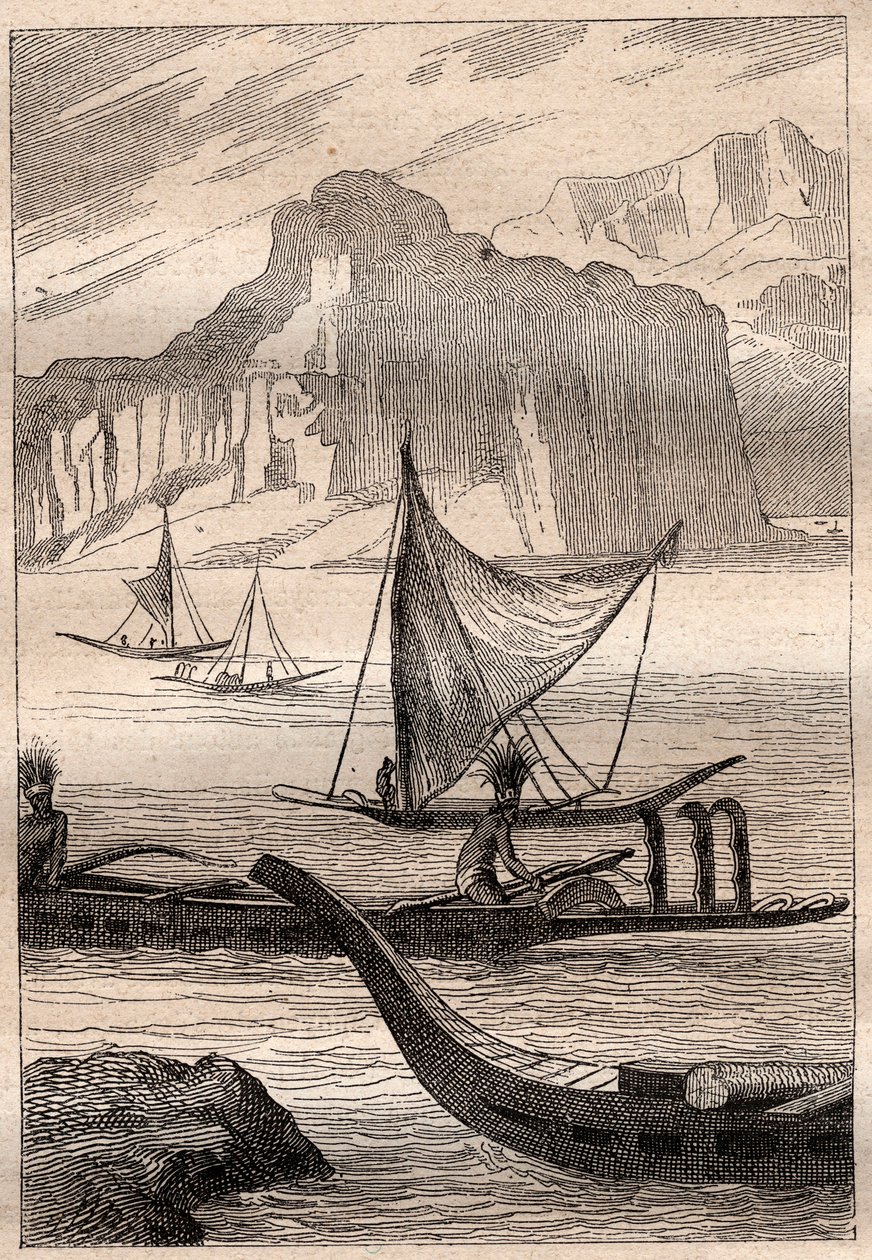 Canoës des îles Marquises - illustration tirée de «Les Grands Marins du XVIIIe siècle» - French School