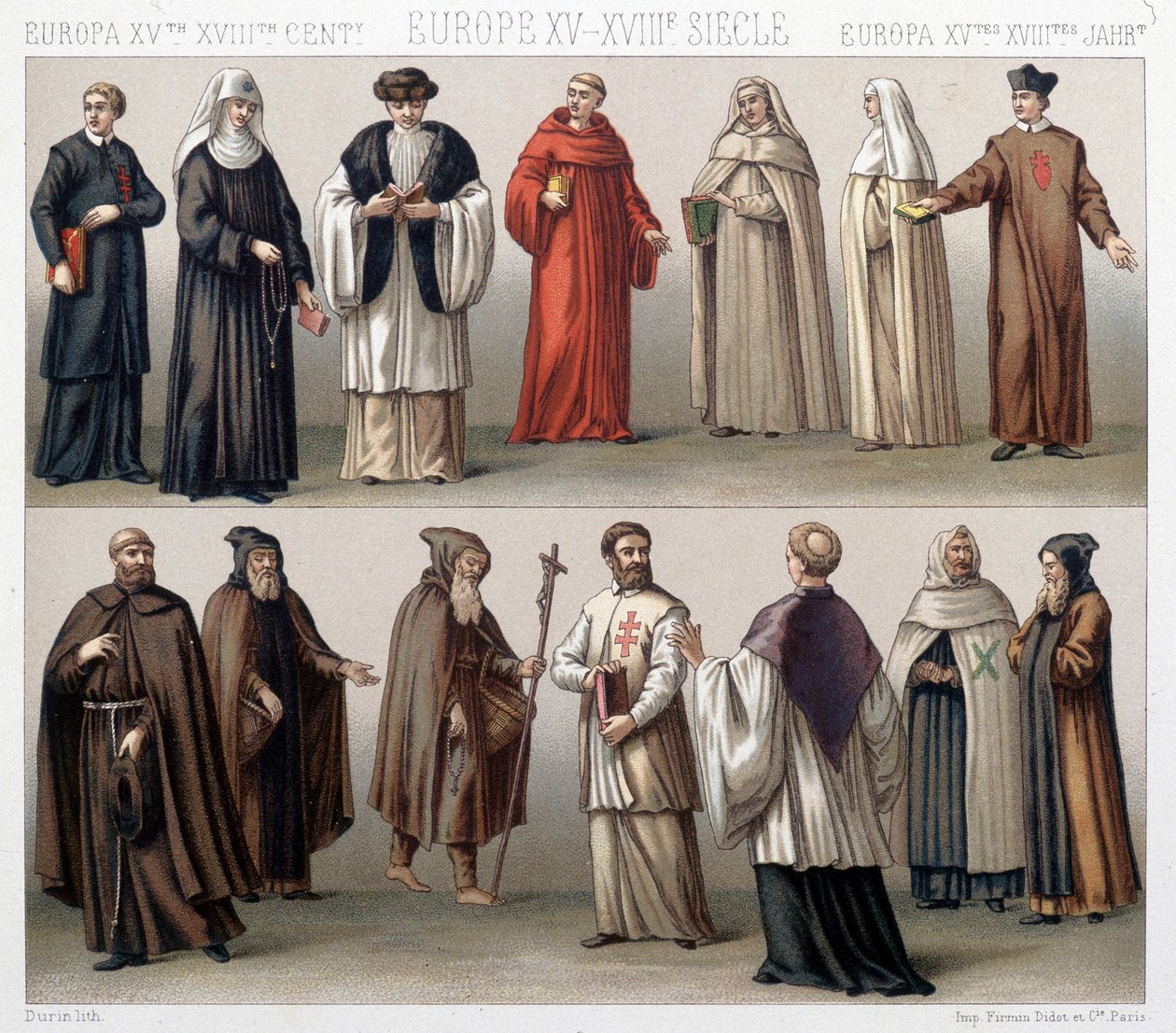 Chanoines du Saint-Sépulcre en Pologne. En haut : costumes des XVIIe et XVIIIe siècles. En bas : costumes de l