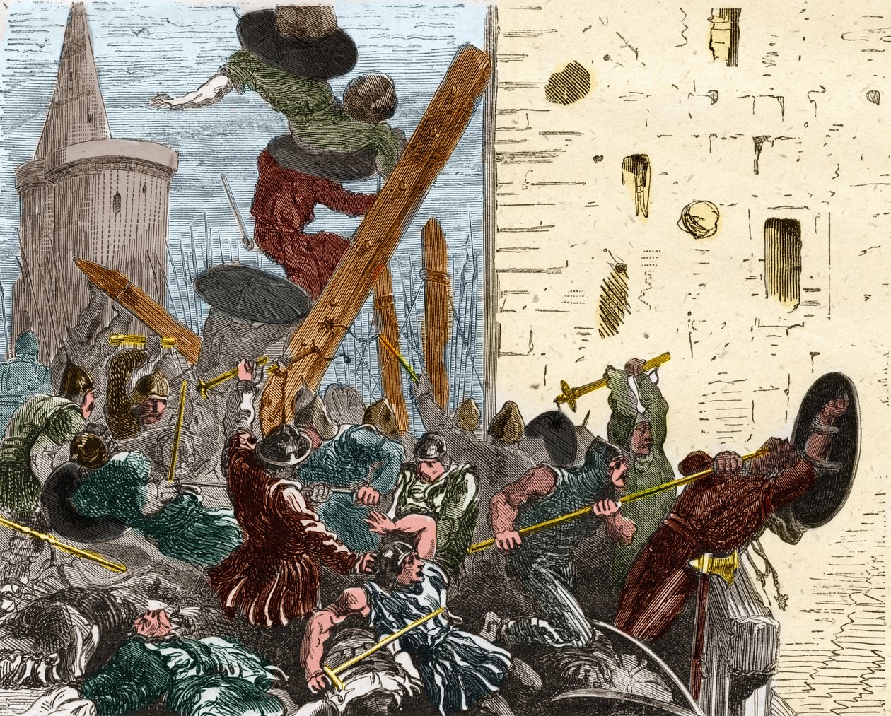 Prise de Carcassonne lors de la croisade contre les Albigeois en août 1209. Gravure dans "Histoire De France En Cent Tableaux" par Paul Lehugeur - 1891 - French School