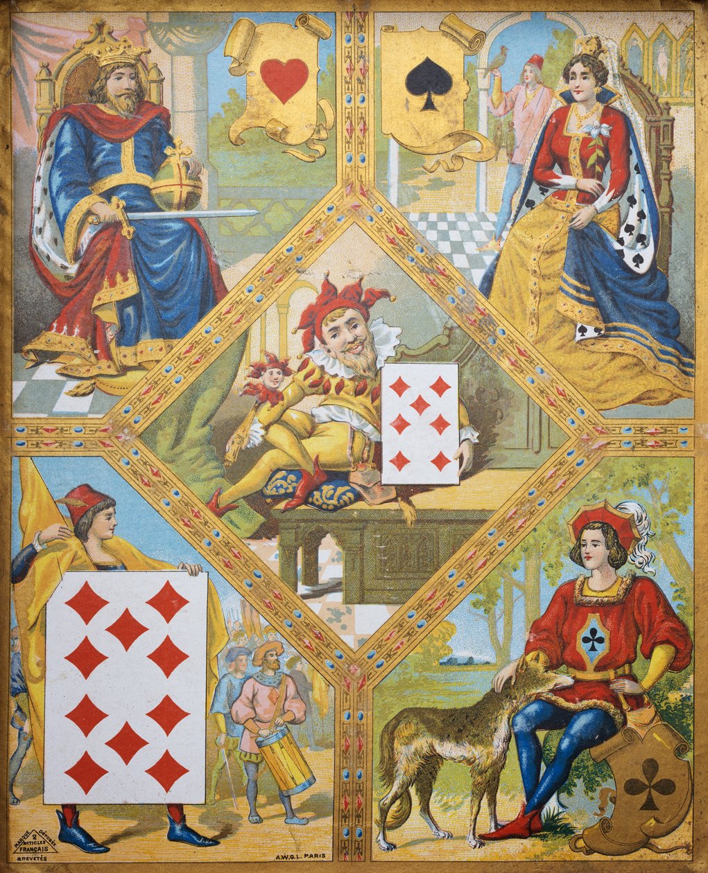 Jeu de cartes, assiette avec Roi de cœur, Reine de pique, Dix de carreau et Valet de trèfle, nain Lindoro avec Sept de carreau au centre, France - French School