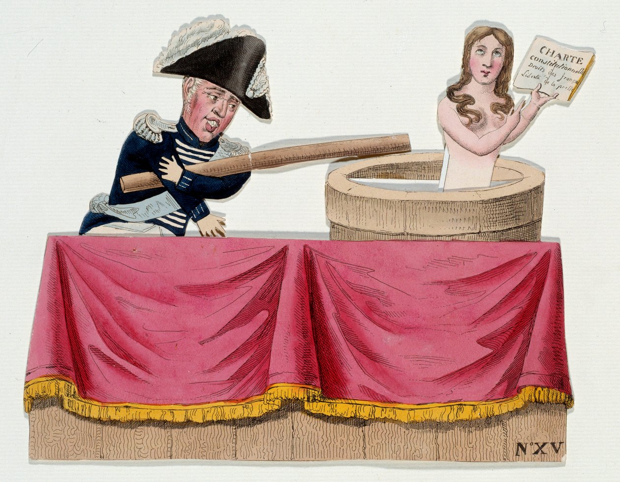 Caricature représentant le roi Charles X (1757-1836) sous forme de guignols niant la charte constitutionnelle au moment où le roi abolit la liberté de la presse en juillet 1830 (ordonnances de Saint-Cloud) - French School