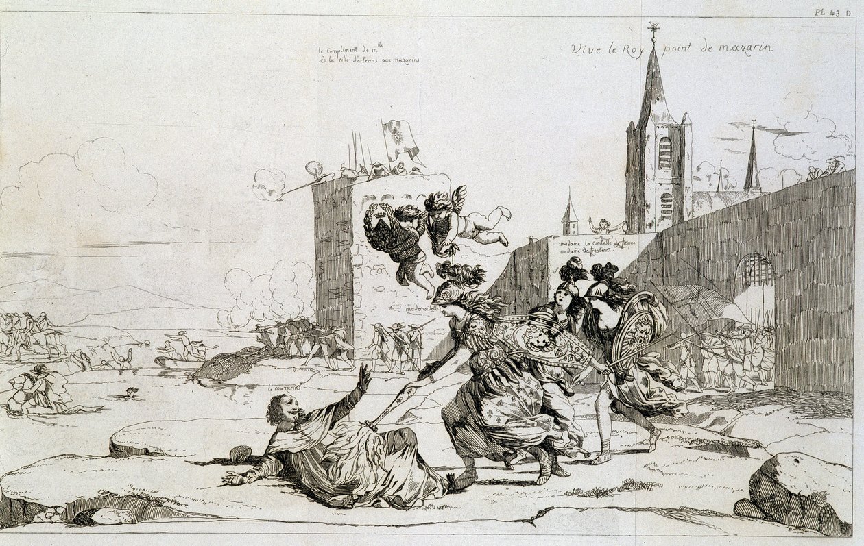Caricature représentant Mademoiselle de Montpensier (« Grande Mademoiselle ») « balayant hors de France Mazarin et ses partisans » - French School