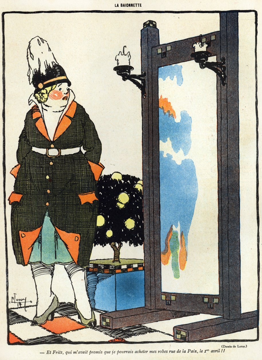 Caricature représentant une dame allemande déçue de ne pas pouvoir acheter ses nouveaux vêtements à Paris dans la rue de la Paix, de l