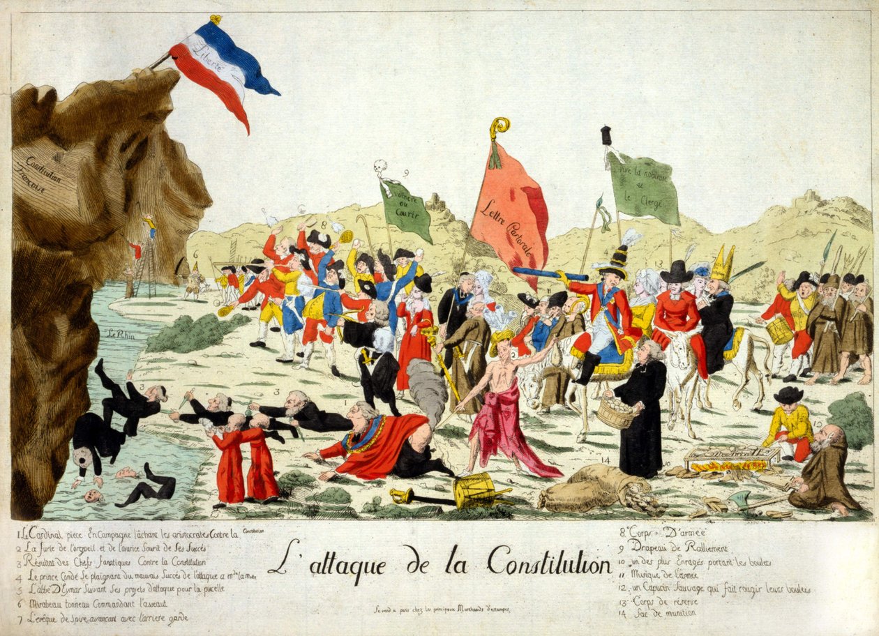 Caricature montrant des membres de divers groupes attaquant un rocher, identifié comme "Constitution française", sur lequel repose le drapeau français avec l