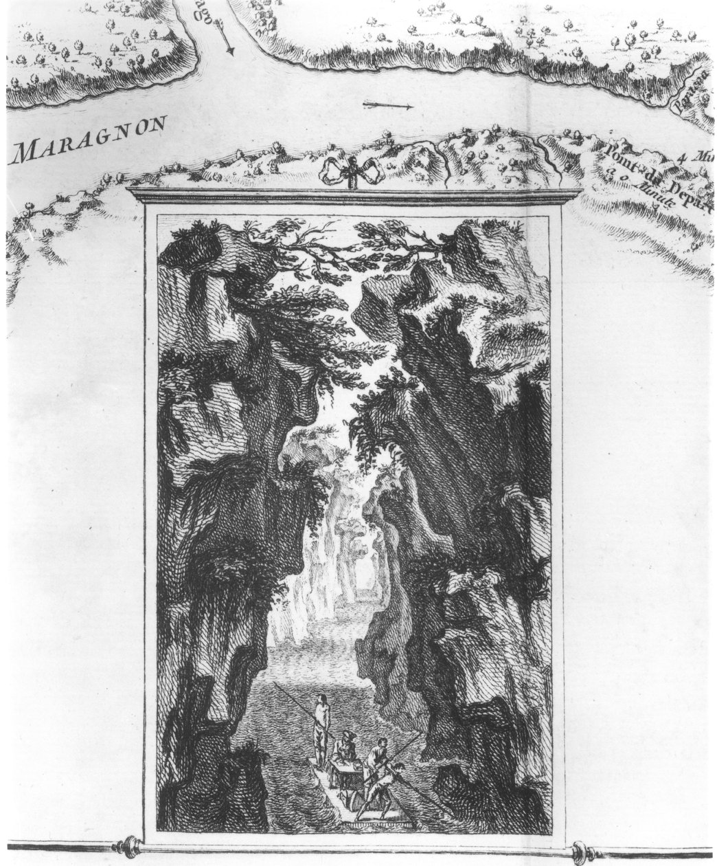 Cartouche représentant La Condamine sur un radeau sur l