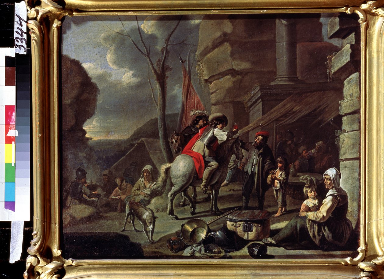 Cavaliers arrivant à une auberge sur la route - French School