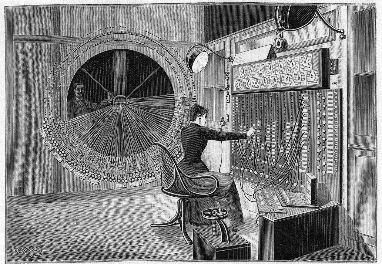 Bureau central du Théâtrophone (auditions théâtrales à domicile) à Paris en 1892. - French School