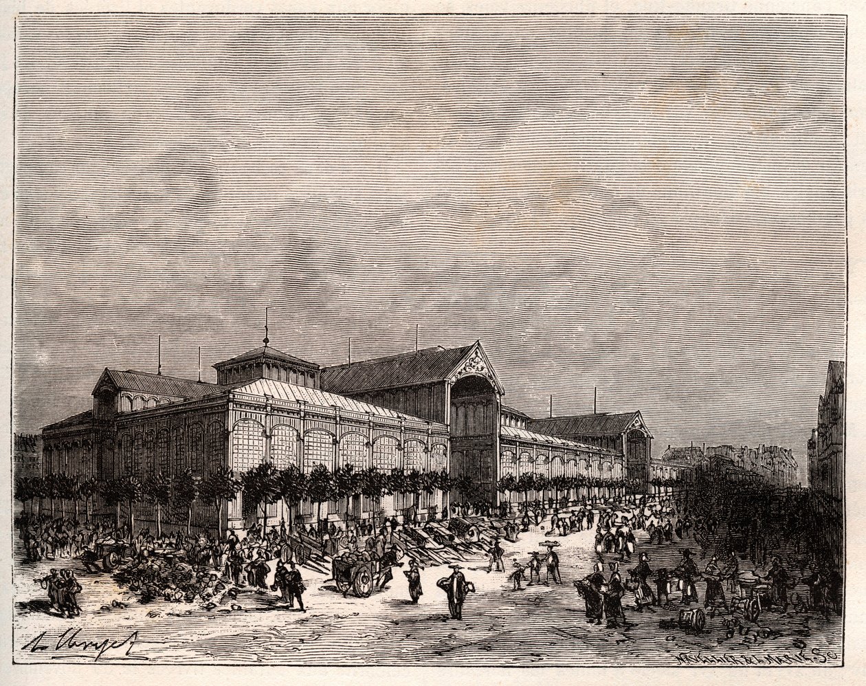 Les Halles centrales à Paris au XIXe siècle - gravure dans «La France illustrée: géographie, histoire, administration statistique» par V.A. Malt-Brown. 1884 - French School