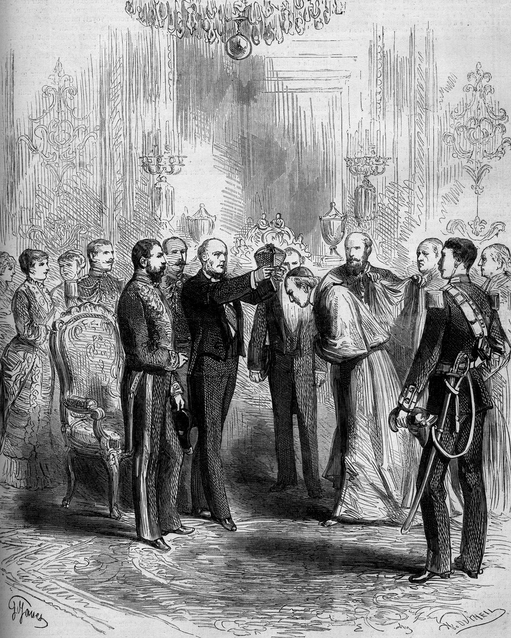 Cérémonie de présentation des insignes du cardinalat : Pier Francesco Meglia reçoit la robe rouge de cardinal tandis que Jules Grévy place la barrette cardinalice sur sa tête. Paris, Palais de l