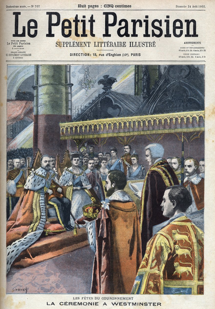 Cérémonie du couronnement à Westminster : le roi Édouard VII (1841-1910) et Alexandra du Danemark (1844-1925), dans "Le Petit Parisien" - French School