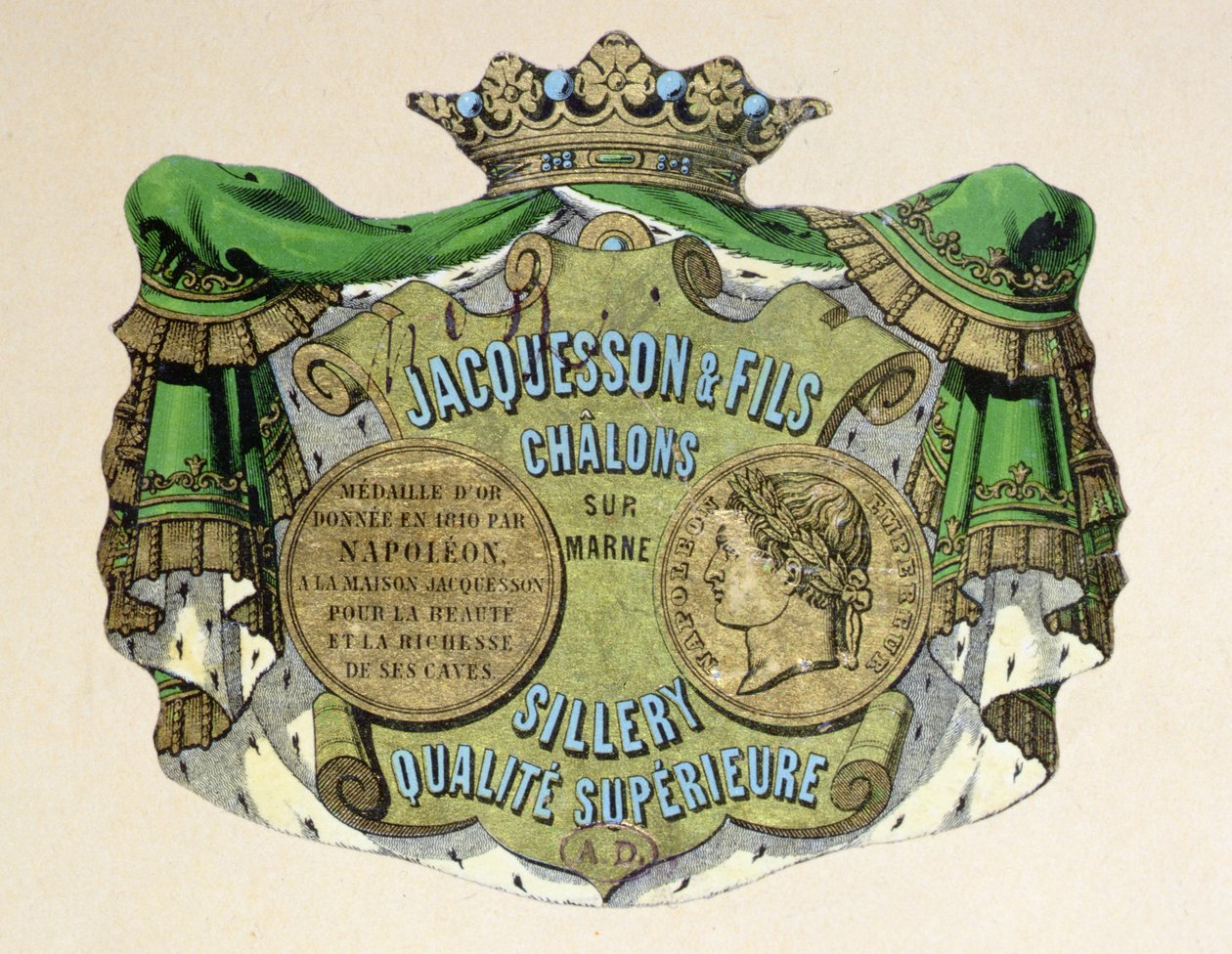Étiquette de champagne pour Jacquesson & Fils, Champagne Sillery Marque, milieu du 19e siècle - French School