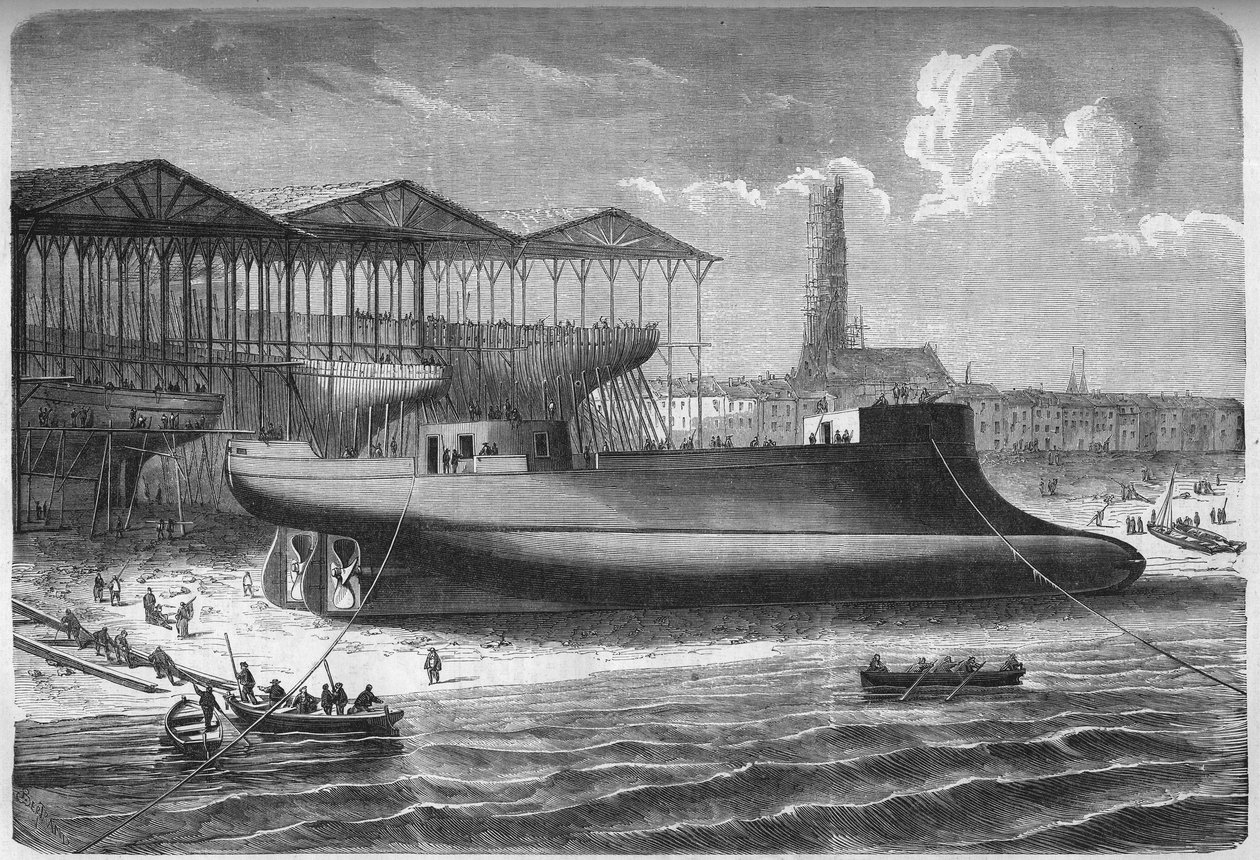 Chantier naval : le bélier cuirassé le "Sphinx", construit pour le gouvernement français par les "Chantiers et ateliers de l