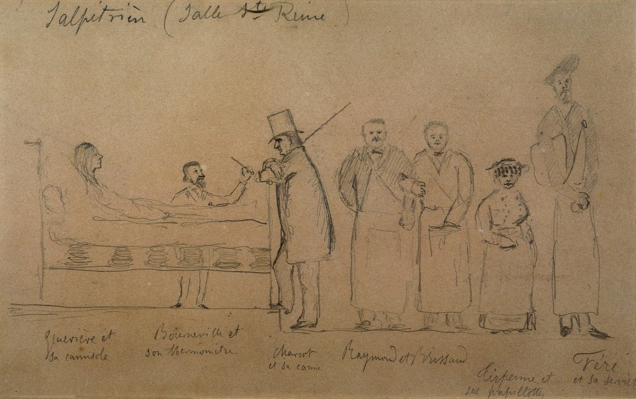 Charcot dessiné par un de ses élèves. De gauche à droite : patiente Geneviève en camisole, Docteur Désiré Magloire Bourneville avec un thermomètre, Jean Martin Charcot, Raymond et Brissaud, Me Tirperme et Charles Féré. Salle Sainte-Reine, Hôpital de la Sal - French School
